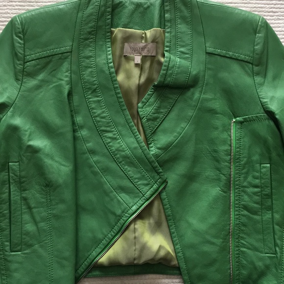 Cropped genuine lamb leather green jacket - Picture 2 of 5